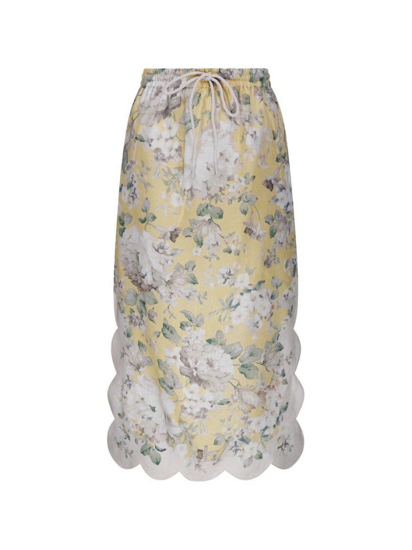Zimmermann Acacia Scalloped Floral-print Linen Midi Skirt In Yellow