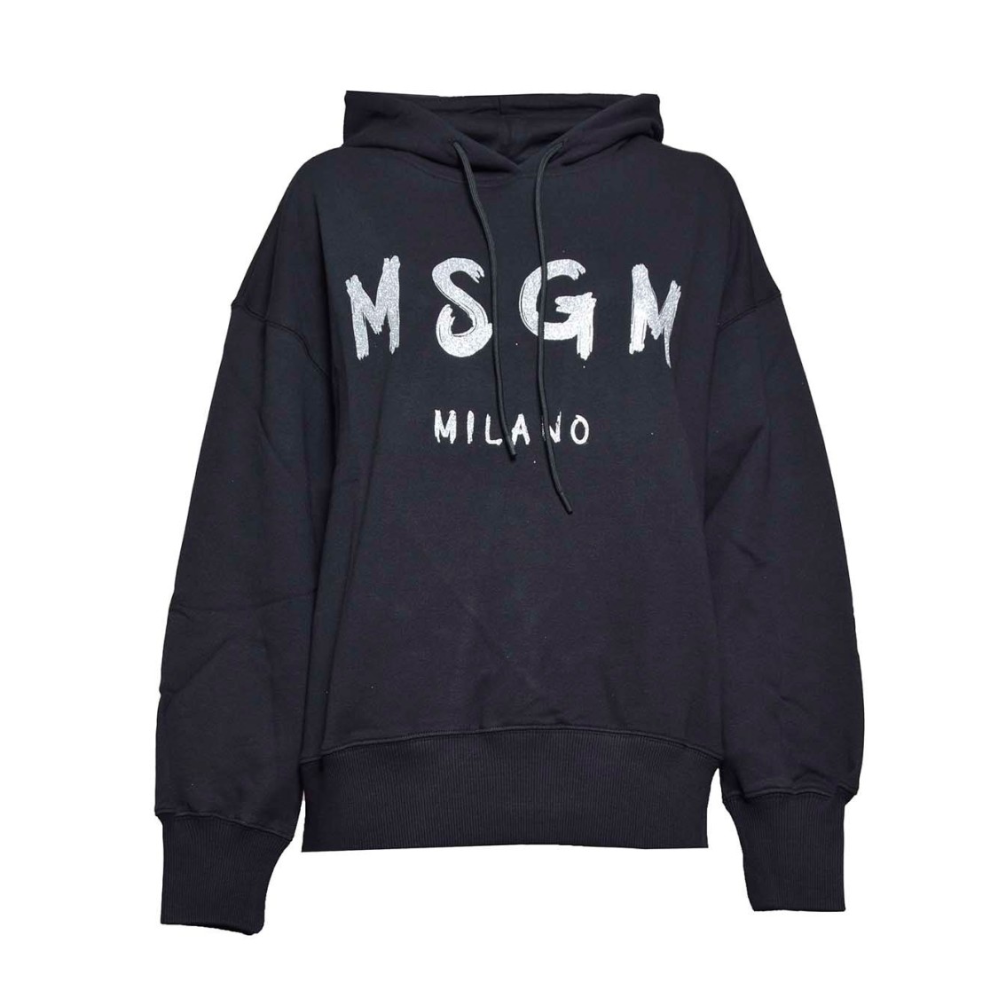 Msgm Black Cotton Hoodie With Brush Logo Print In Black