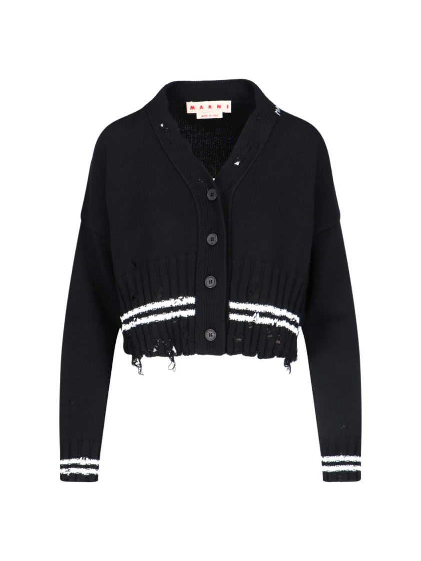 Marni Ribbed Hem Cropped Crewneck With Striped Detail In Black