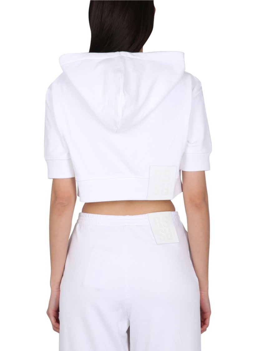 Shop Raf Simons Cropped White Sweatshirt With Drawstring Hood