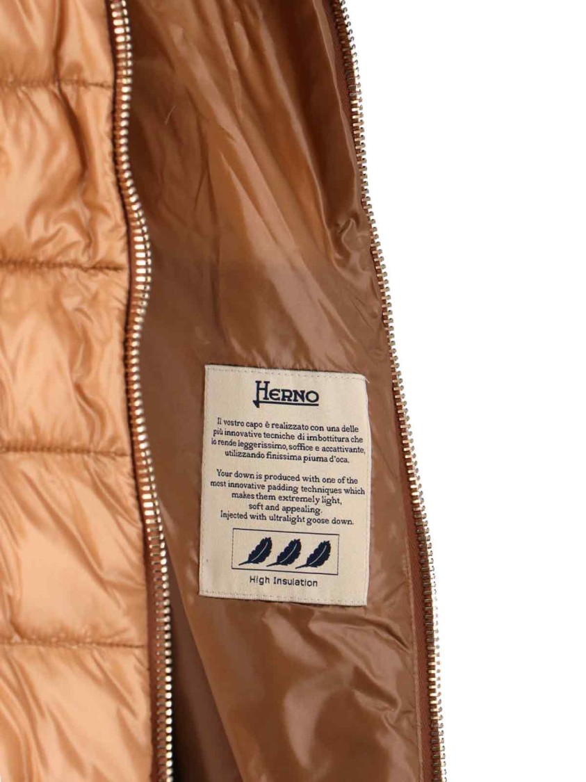 Herno Long Quilted Brown Piumino With Removable Knit Collar In Brown