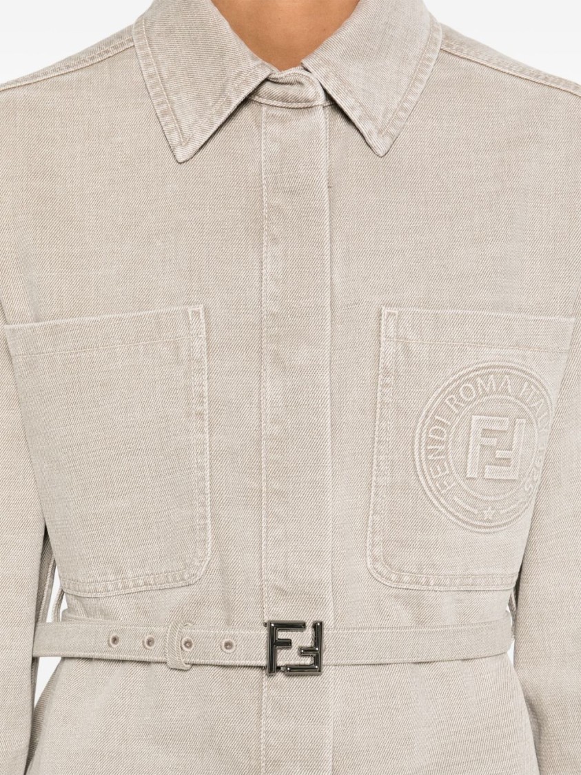 Fendi Beige Denim Jacket With Concealed Closure In Gray