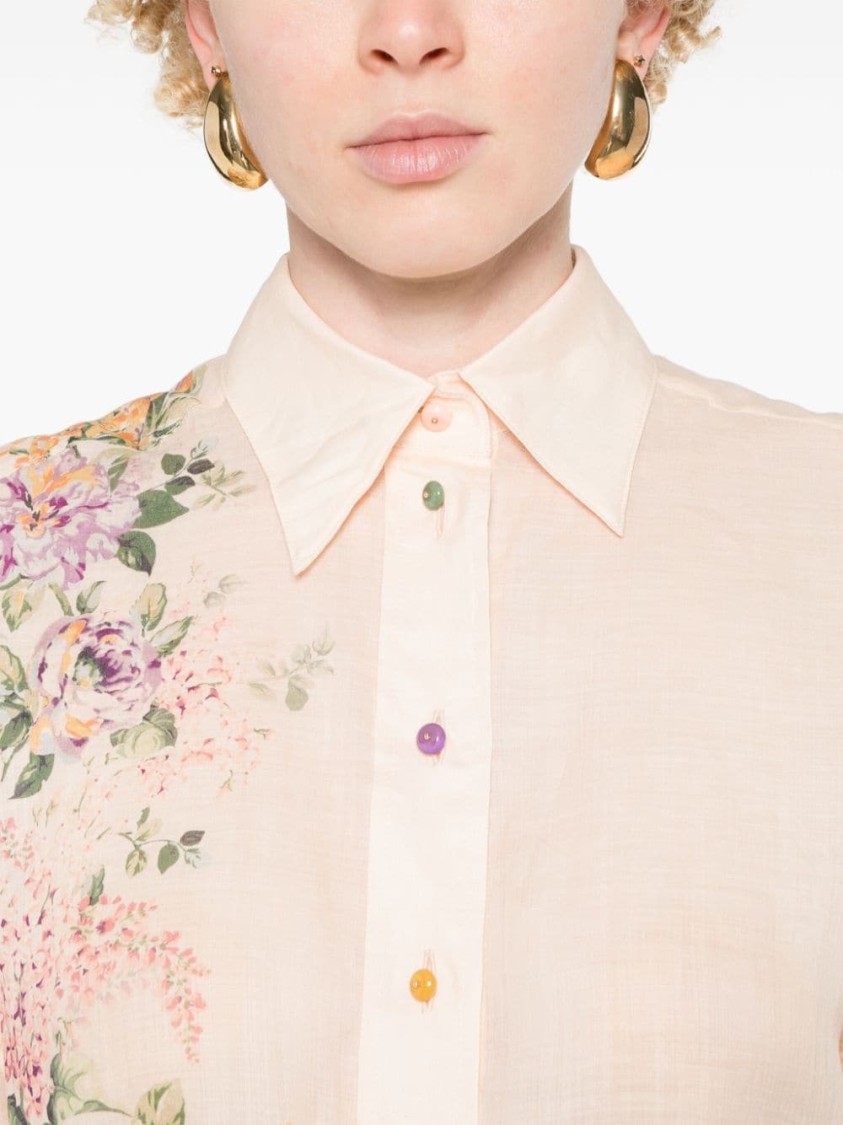 Shop Zimmermann Beige Lightweight Floral Print Semi-transparent Ramie Shirt In Neutrals