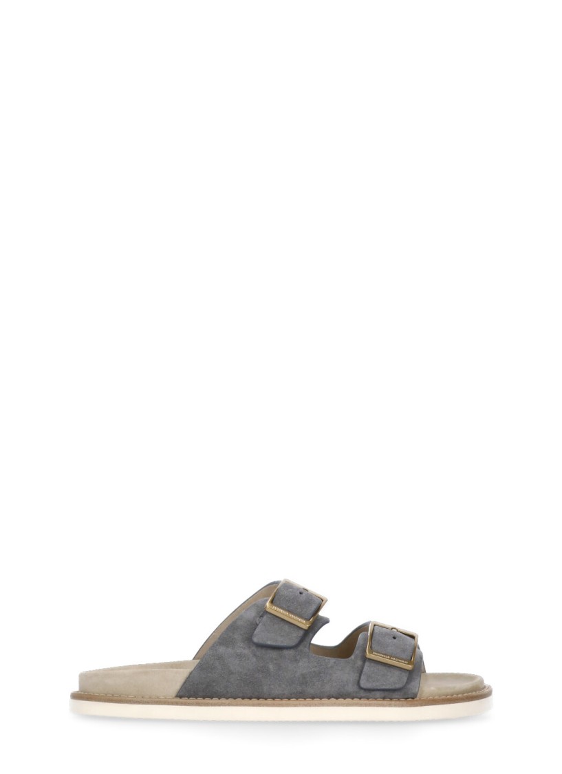 Brunello Cucinelli Pebble Silver-toned-hardware Leather Sandals In Grey