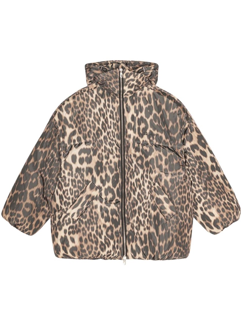 Ganni Leopard Print Coat With Oversized Silhouette In Brown
