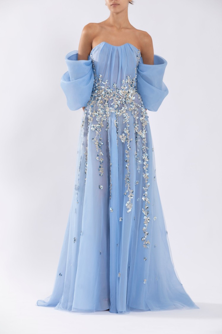 Saiid Kobeisy Organza Dress With Dotted Beading And Pleated Of-shoulder Sleeves In Multi