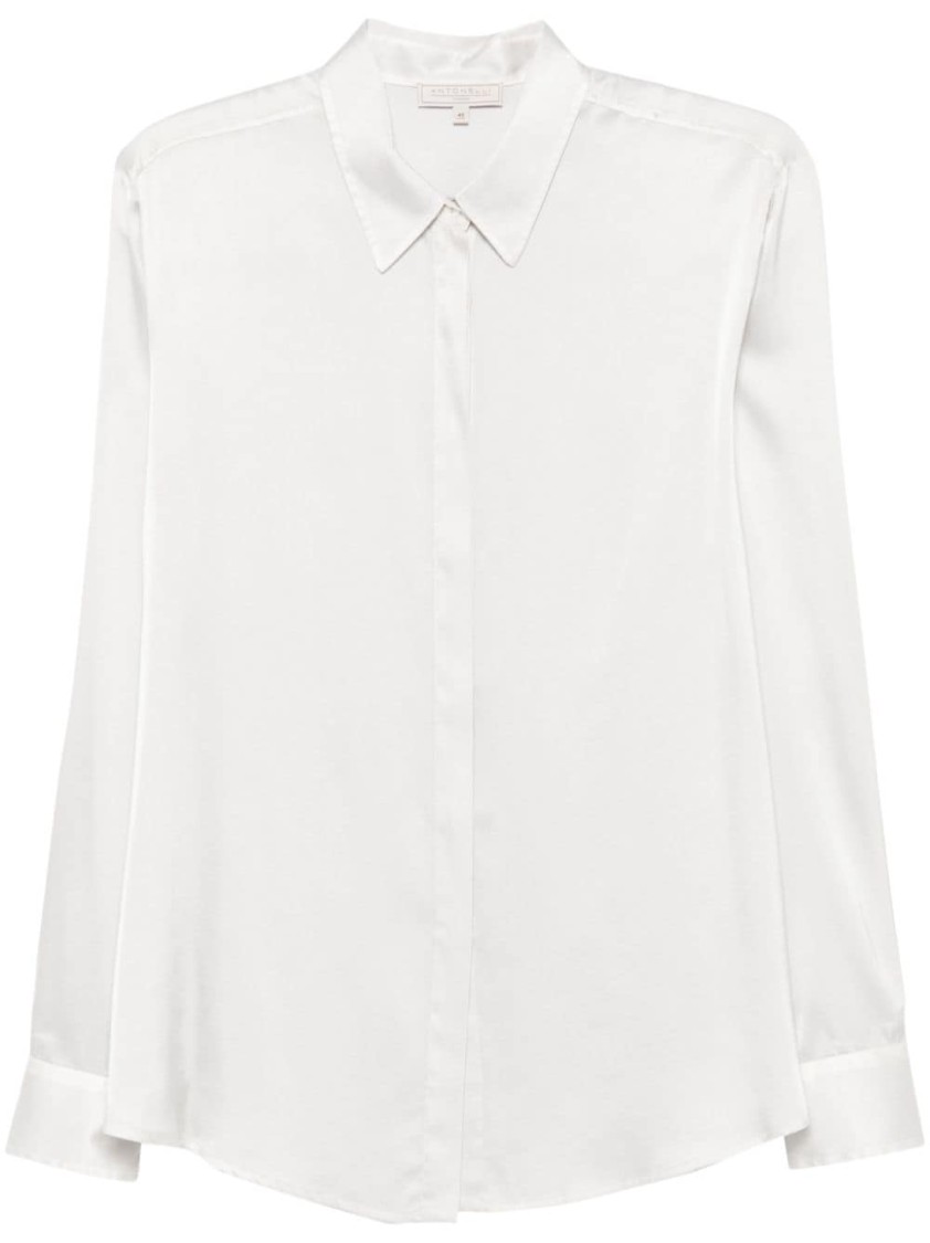 Antonelli Long-sleeved Silk Blend Shirt With Curved Hem And Classic Collar In White