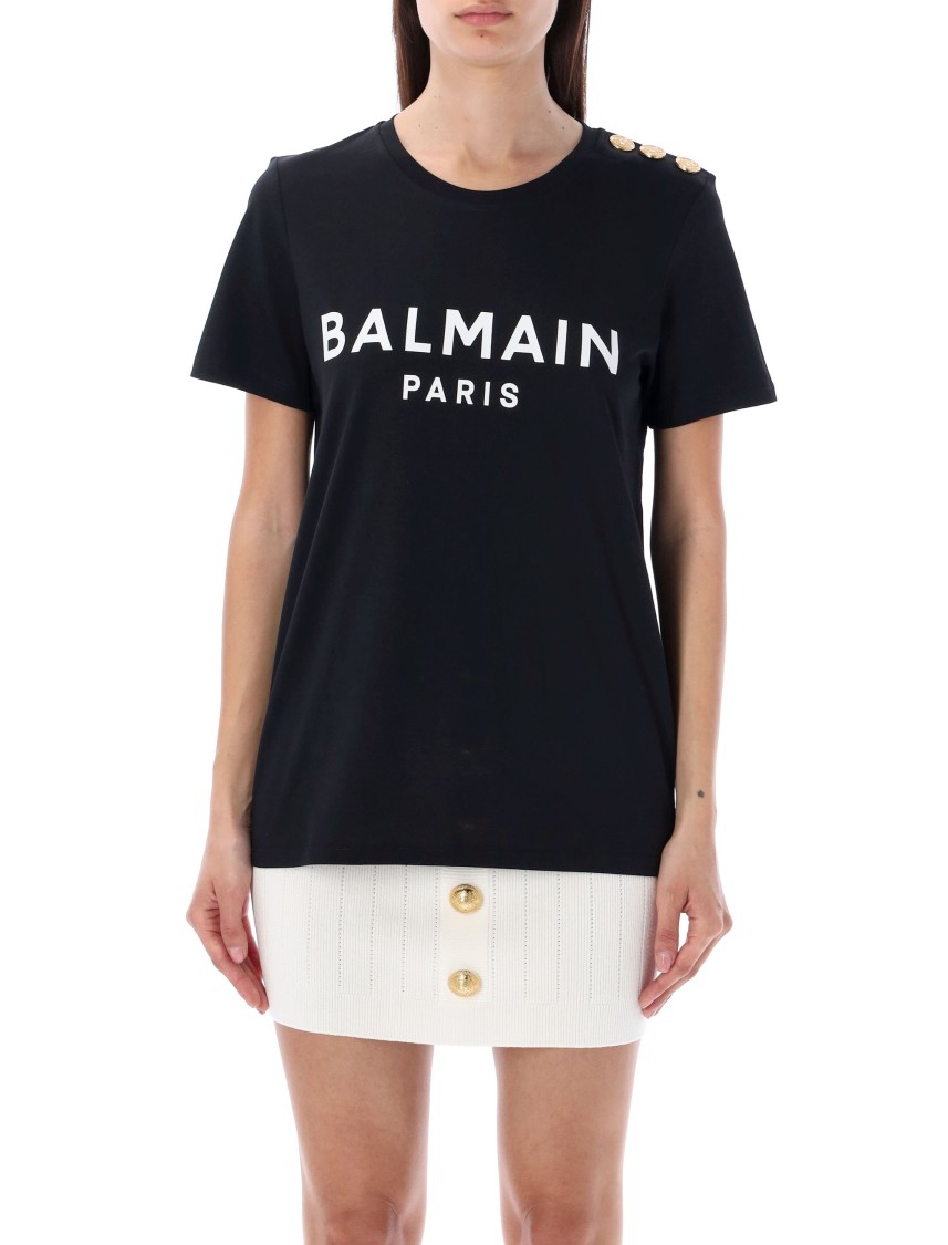 Balmain Black Crewneck T-shirt With Logo Print And Golden Buttons In Jersey Woman In Black