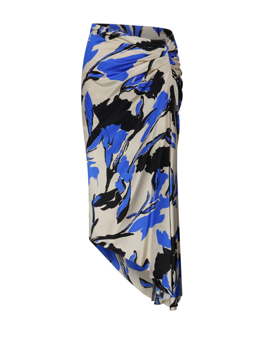 Max Mara Draped Floral Ruched Asymmetric Hem Skirts In Blue