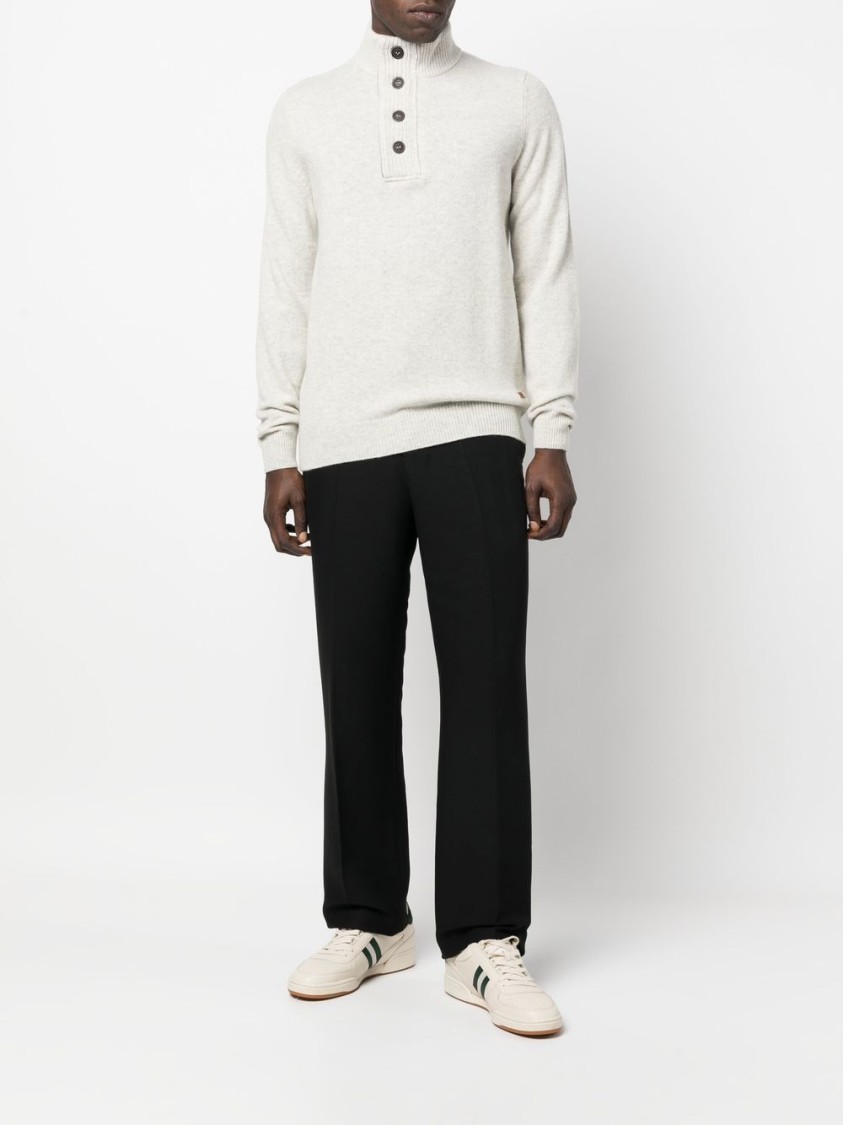 Barbour Pearl Grey Wool Ribbed Knit Sweater With Mock Neck And Button Placket In White