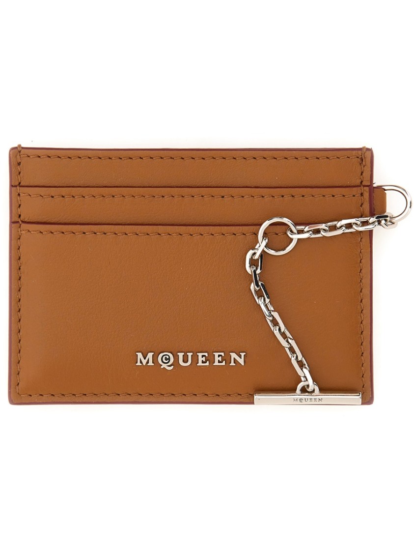 Alexander Mcqueen Chain Attached Crossbody Card Holder In Brown