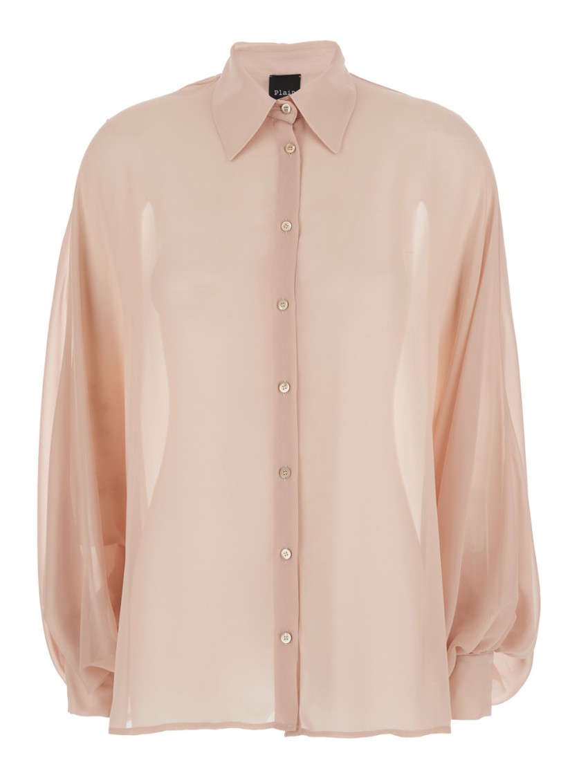Plain Pink Oversize Blouse With Classic Collar And See-through Design
