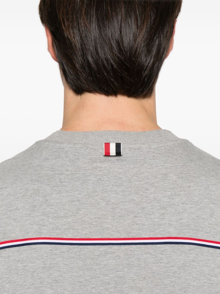 Thom Browne Grey Crewneck T-shirt With Logo Patch On The Front And Striped Detail On The Rear In Cotton Man In Gray