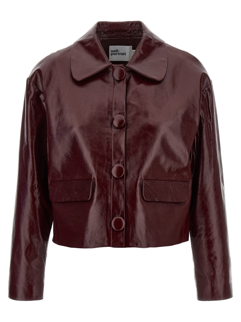Self-portrait Leather Cropped Jacket In Burgundy