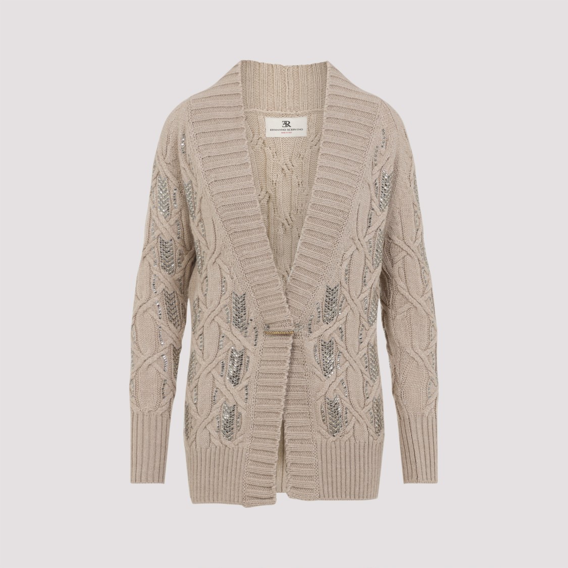 Ermanno Scervino Cable Knit Cardigan Crystal Embellishments In Neutral