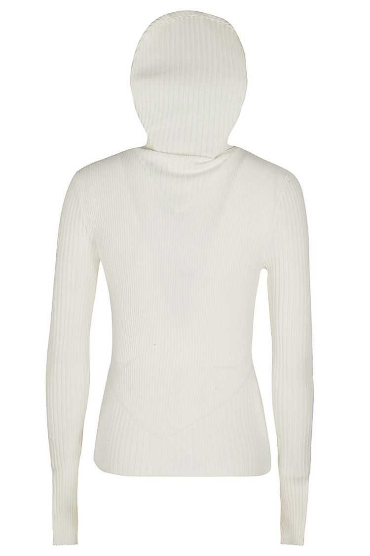 Andreädamo Andreâdamo Ivory Ribbed Knit Hoodie Top With High Neckline In Neutrals