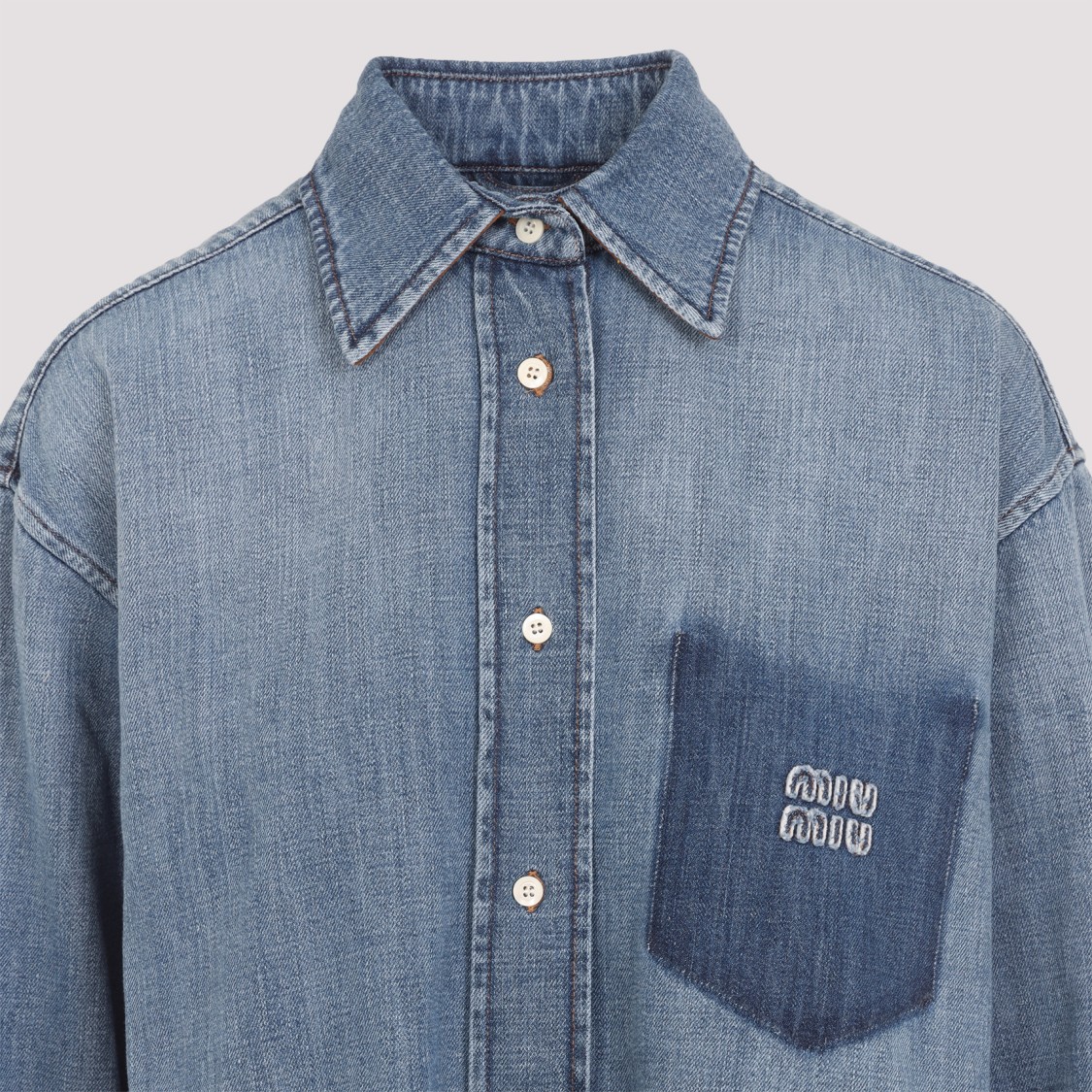 Miu Miu Denim Shirt With Chest Pocket And Round Hem