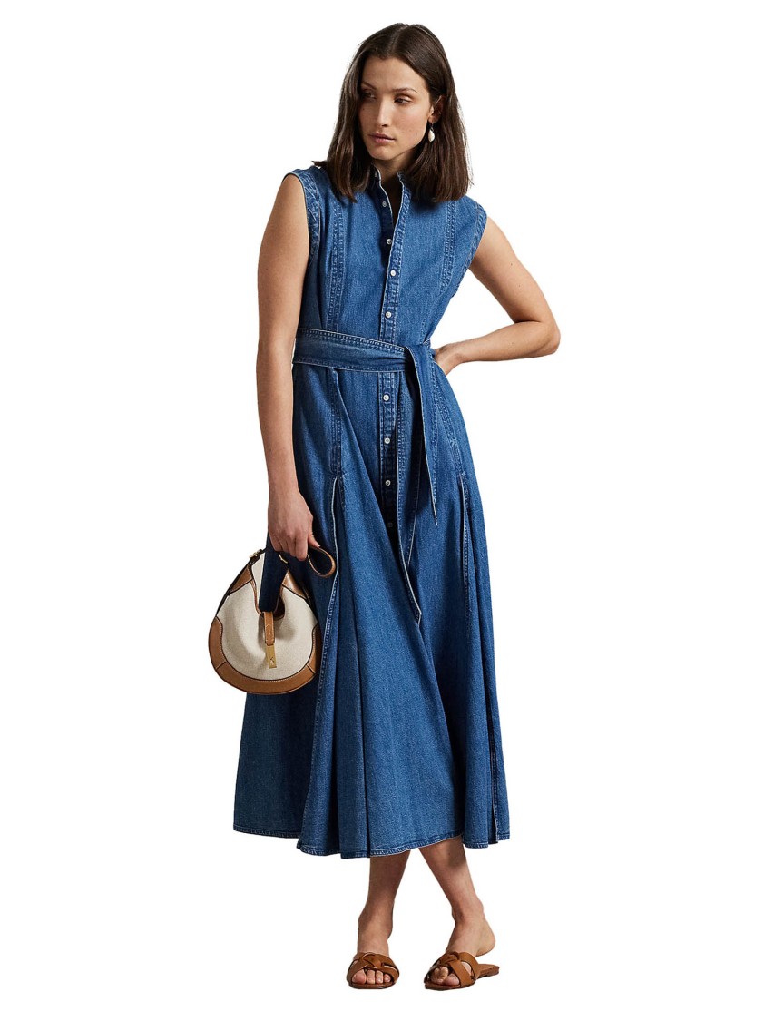 Polo Ralph Lauren Womens Indigo Belted Sleeveless Denim Midi Dress