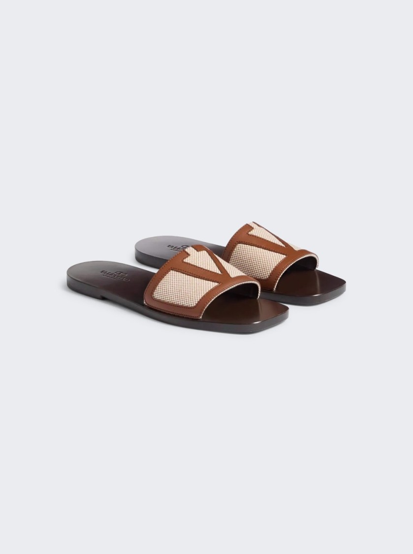 Valentino Garavani Viva Superstar Slide Sandal In Canvas Fabric And Nappa Leather In Brown