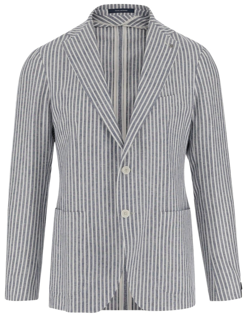Shop Tagliatore Linen Blend Single-breasted Jacket With Striped Pattern In Grey