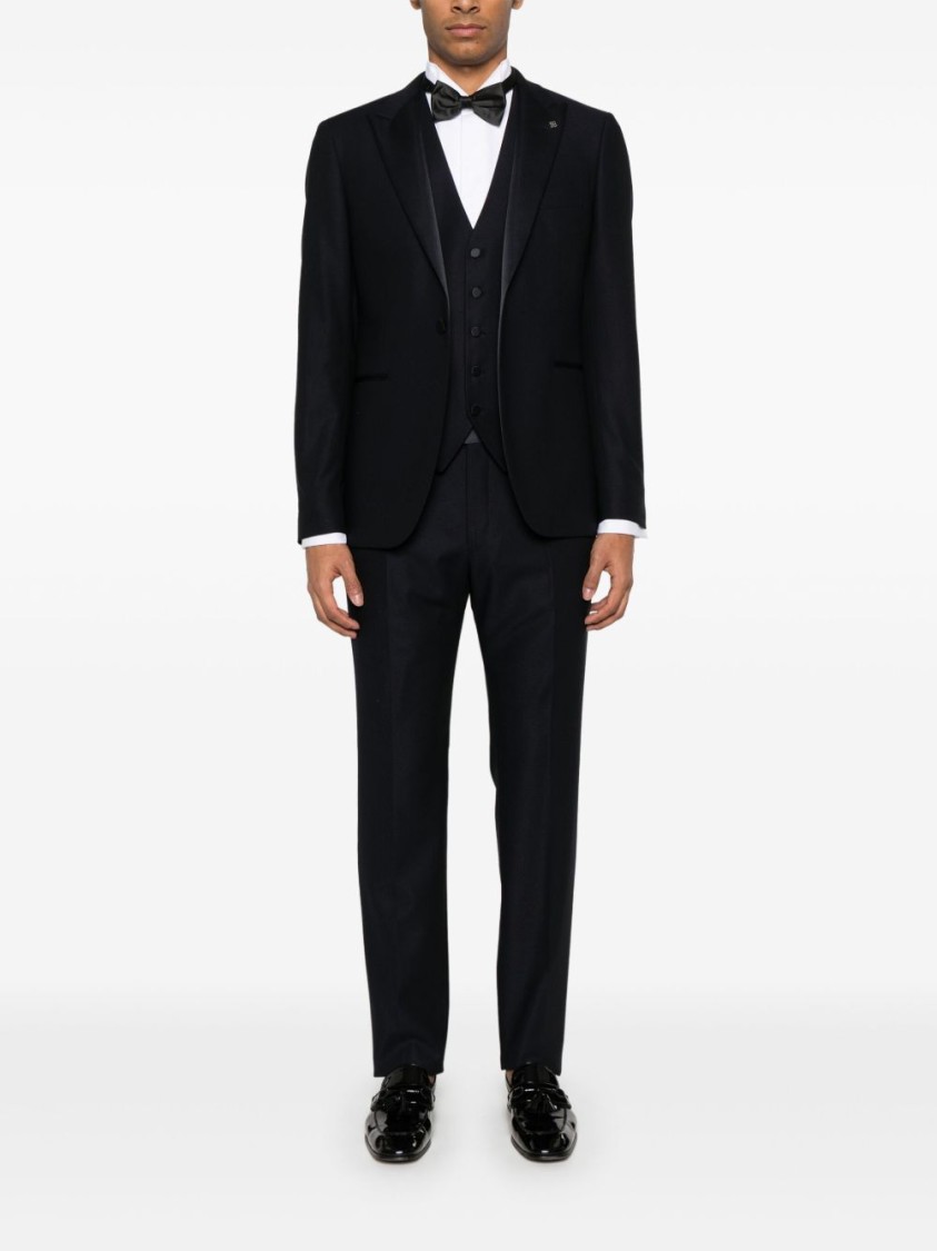 Shop Tagliatore Blue Tailored Suit With Satin Lapel And Shoulders