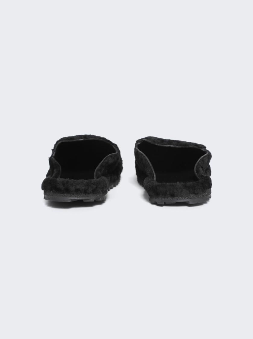 Dries Van Noten Black Shearling Mules With Rounded Toe In Black