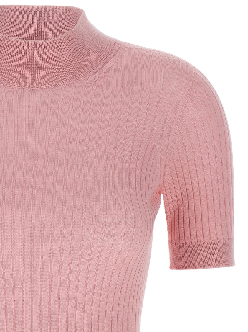 Versace Fitted Ribbed Wool Sweater With High Neck In Pink