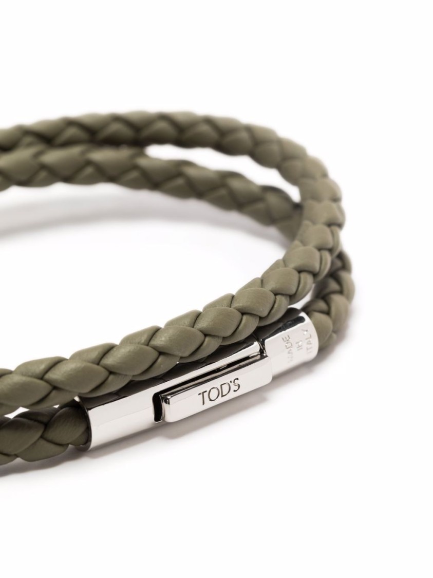 Tod's Braided Bracelet With Metallic Clasp And Logo Detail In Gray