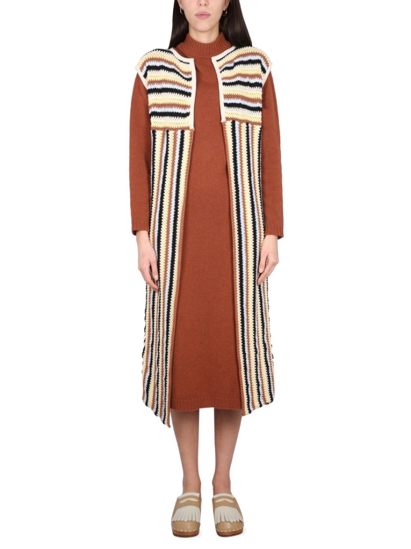 Alysi Open Front Striped Long Vest With Textured Knit In Pink