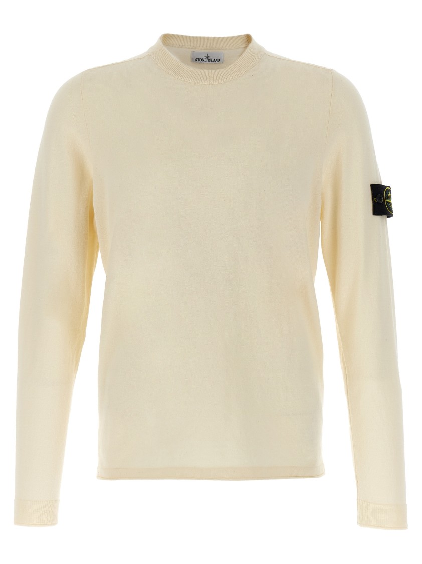 Stone Island High Neck White Sweater With Ribbed Texture And Unique Patch In Neutral