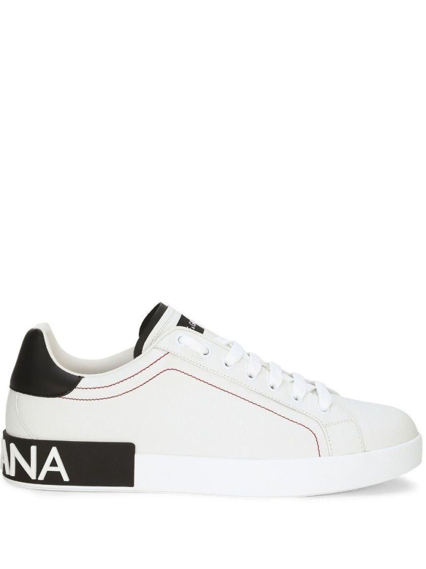 Dolce & Gabbana White Calf Leather Sneakers With Logo Patch And Round Toe In White
