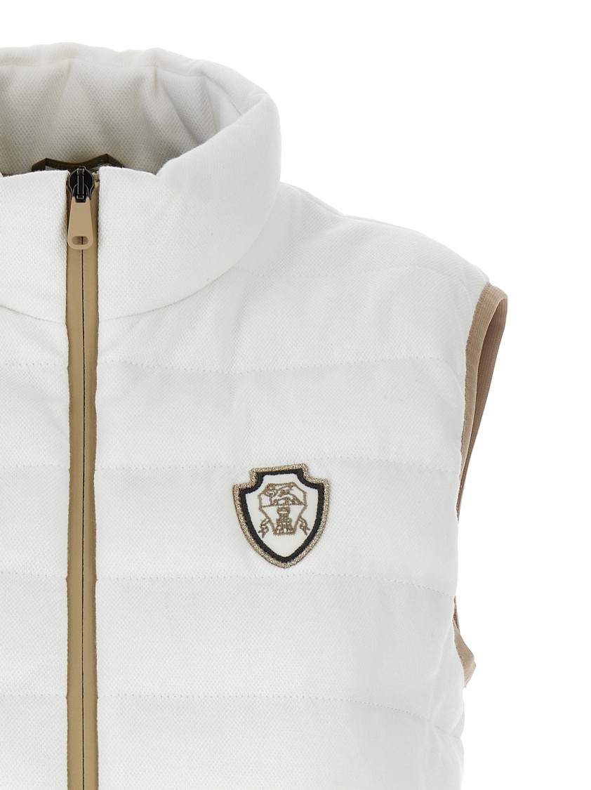 Brunello Cucinelli Goose Down Padded Cotton Vest With Front Logo And High Neck In White