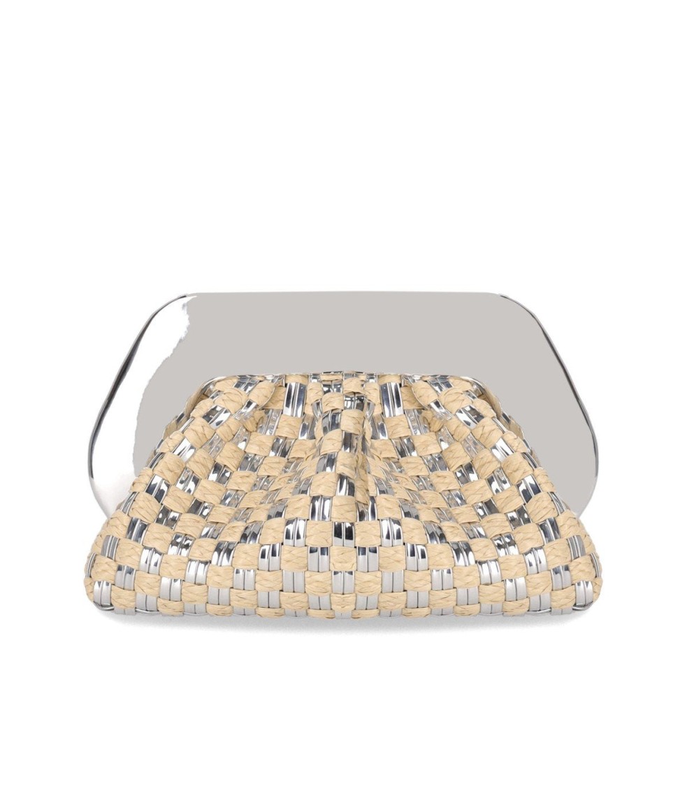 Themoirè Tia Micro Weaved Straw Laminated Silver Clutch Bag