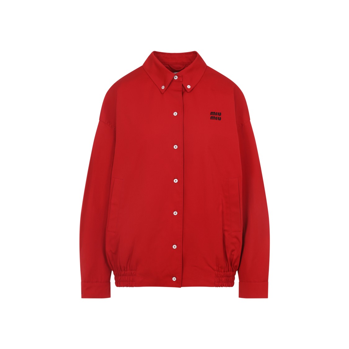 MIU MIU MIU MIU BUTTON-DOWN RED COTTON JACKET WITH EMBROIDERED LOGO