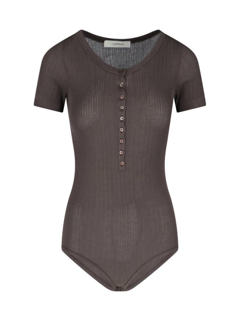 Lemaire Ribbed Textured Bodysuit With Round Neckline In Brown