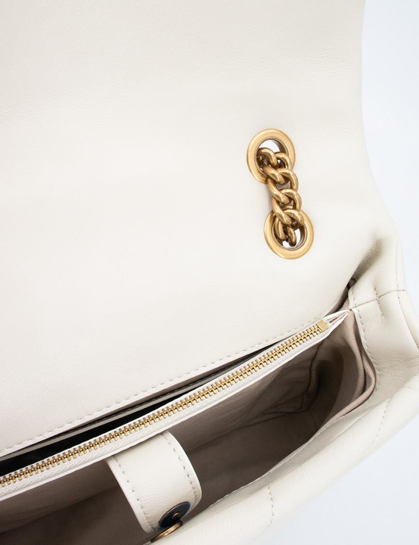 Pinko Puff Leather Bag With Iconic Metal Buckle And Suede Lining In Neutrals