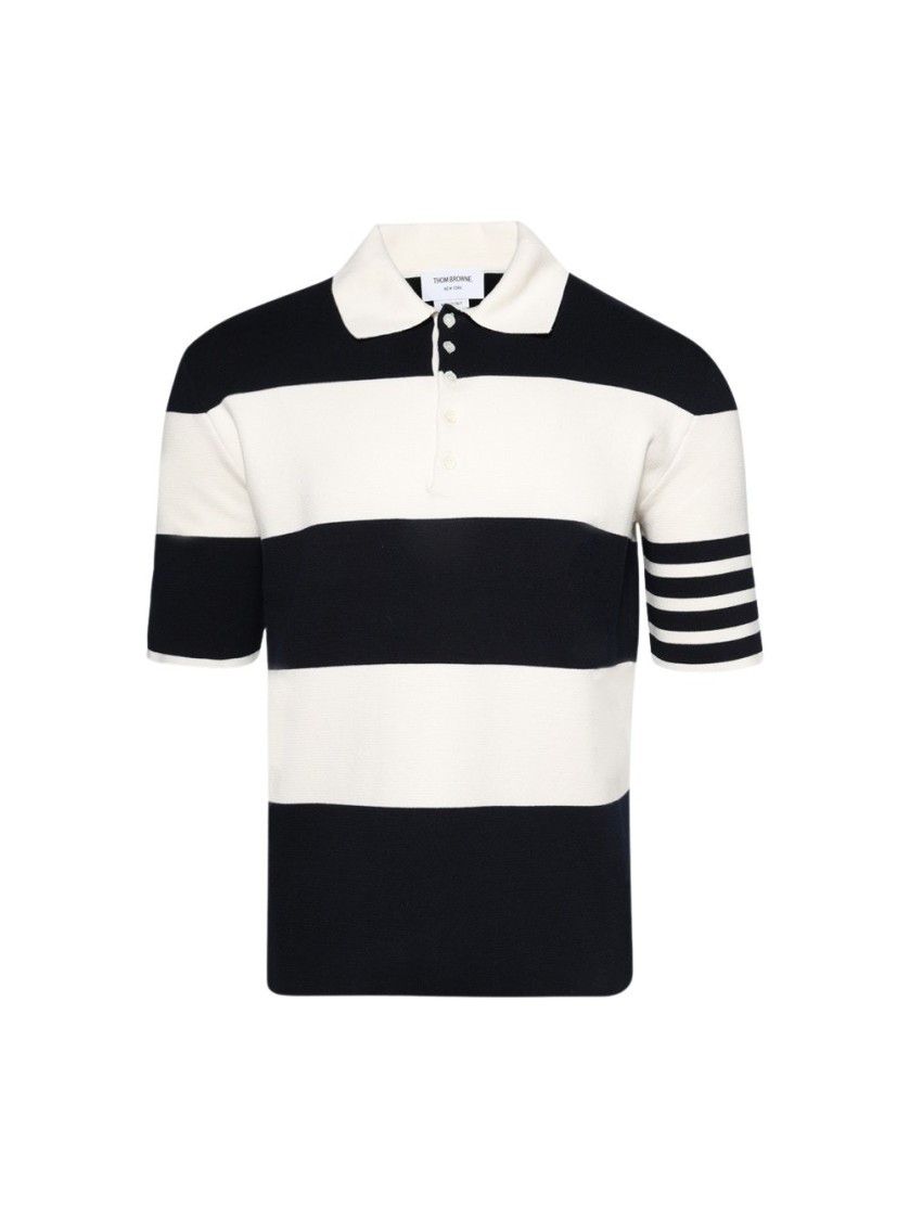 Thom Browne Polo Shirt With Button Placket And Striped Pattern In Blue