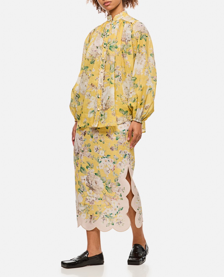 Zimmermann Acacia Scalloped Floral-print Linen Midi Skirt In Multicolor