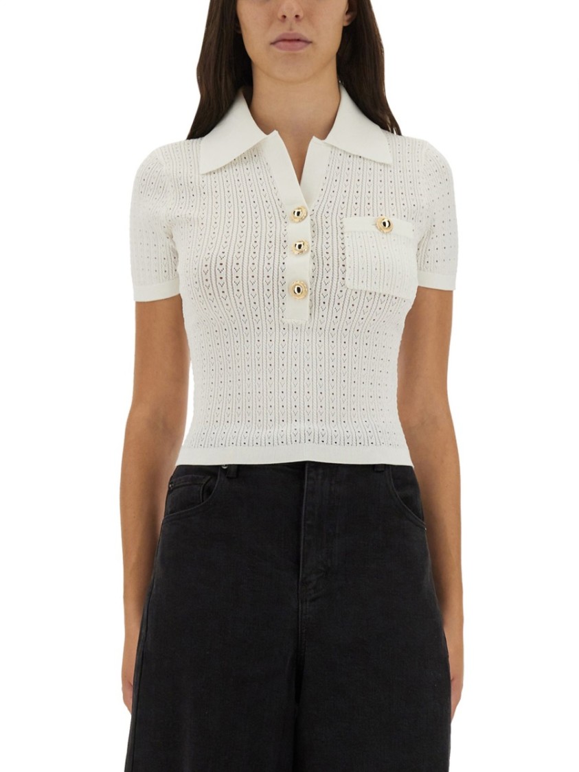 Self-portrait Perforated Knit Top In White
