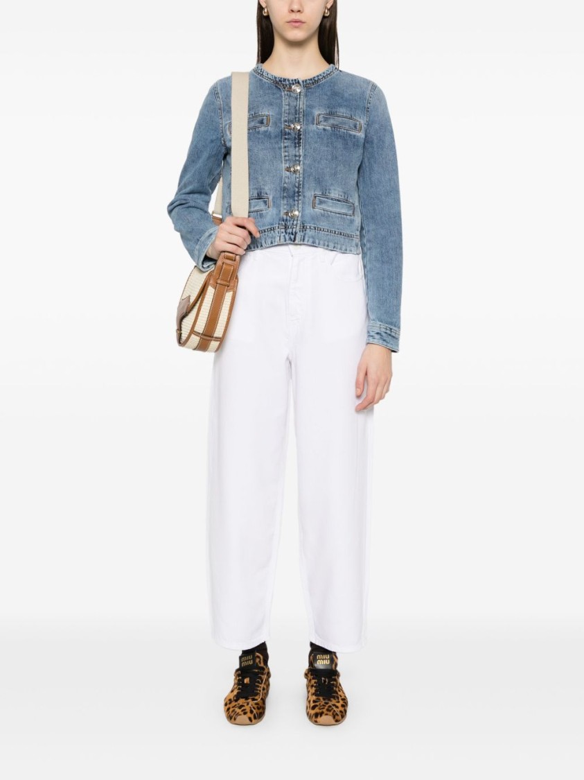 Shop Pinko Cropped Denim Coat With Buttoned-cuff Sleeves