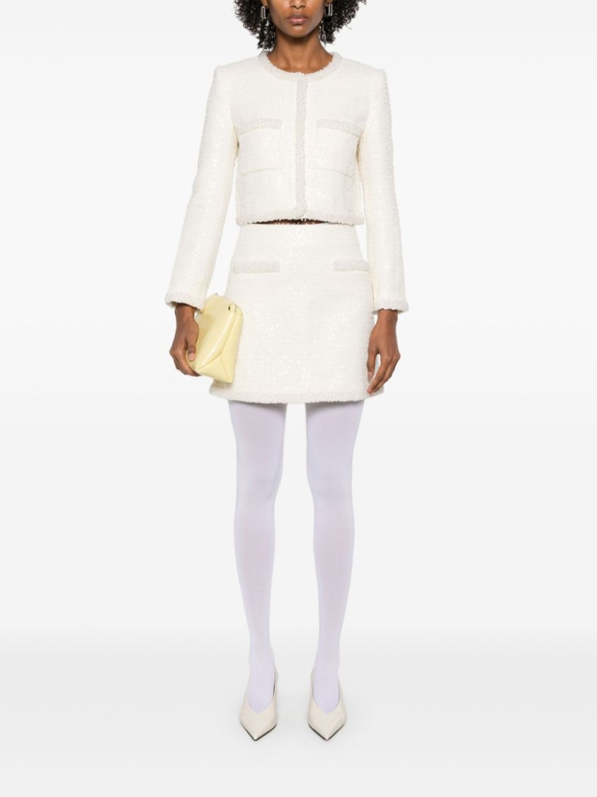 Self-portrait Mini Yellow Skirt With Flounce And Jewel Buttons In Tweed Woman In White