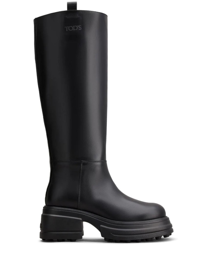 Tod's Minimalist Closed Long Boots With Textured Sole In Black