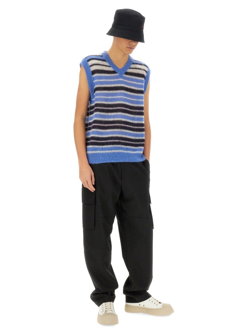 Marni Mens Striped-print V-neck Relaxed-fit Wool-blend Vest Blue Lilac In Multicolor