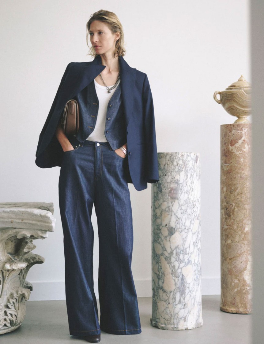 Officine Generale Dark Indigo Mid Waisted Wide Leg Jeans In Black