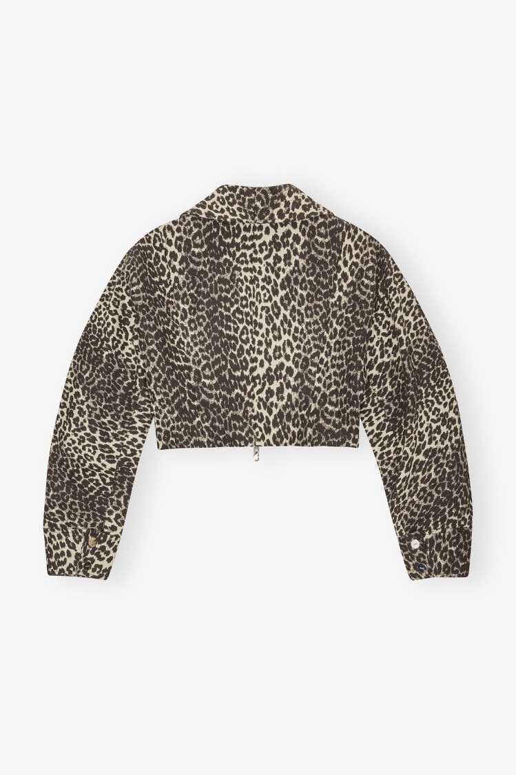 Ganni Leopard Print Cropped Jacket With Curved Sleeves In Animal Print
