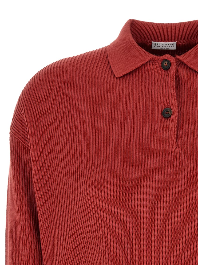 Brunello Cucinelli Ribbed Cotton Knit Polo Shirt In Red
