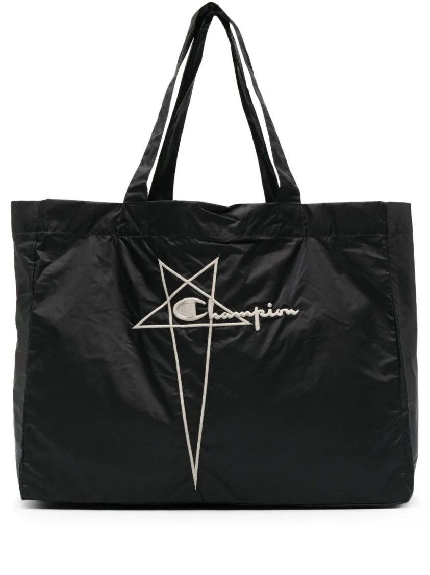 Rick Owens X Champion Black Nylon Tote Bag With Iconic Logo In Black