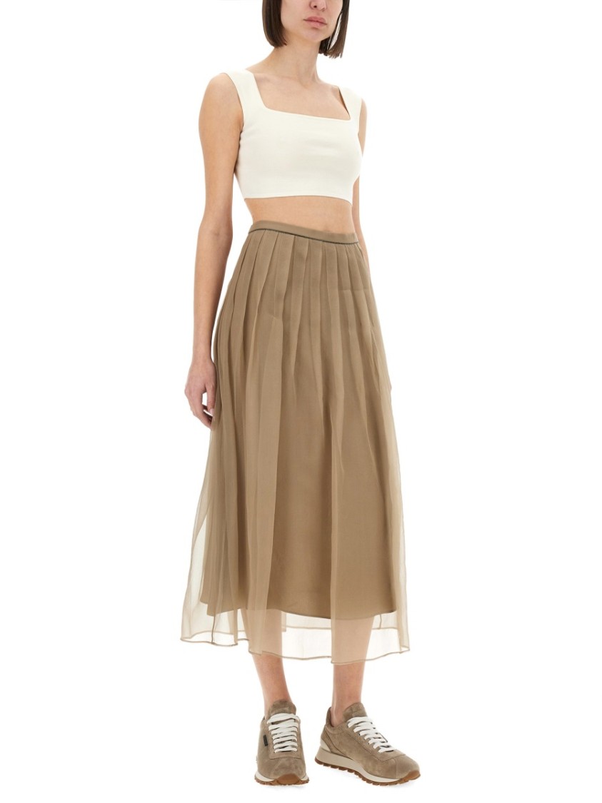 Shop Brunello Cucinelli Silk Pleated Midi Skirt In Neutrals