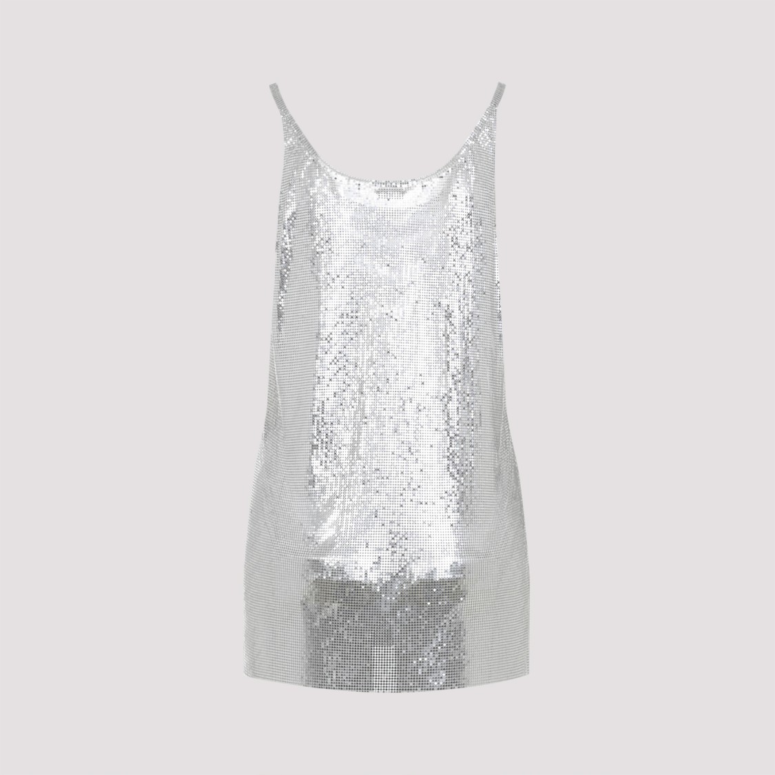 Rabanne Metallic Sleeveless Top With Spaghetti Straps And Chainmail In Tech Fabric Woman In Silver