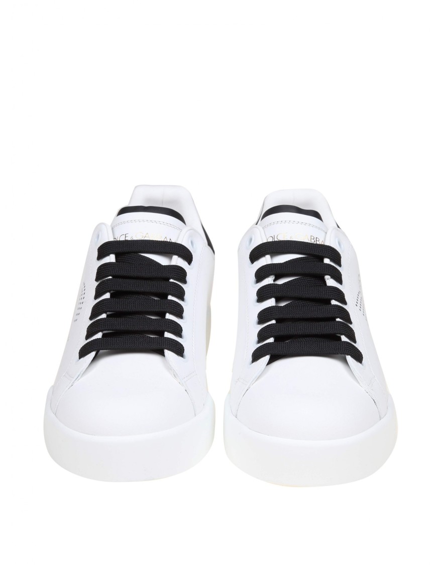 Dolce & Gabbana White And Black Leather Sneakers In White